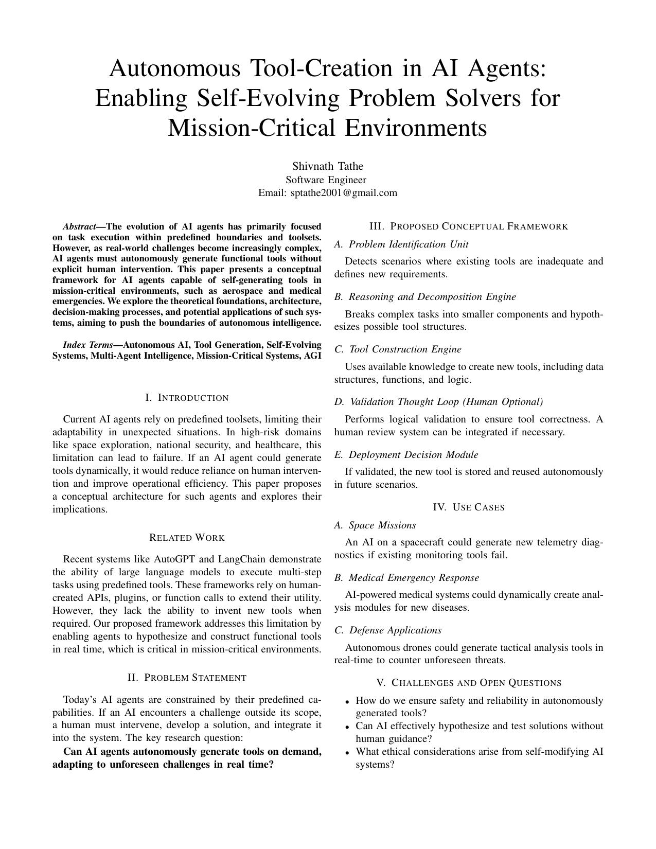 First page of the Autonomous Tool-Creation in AI Agents publication