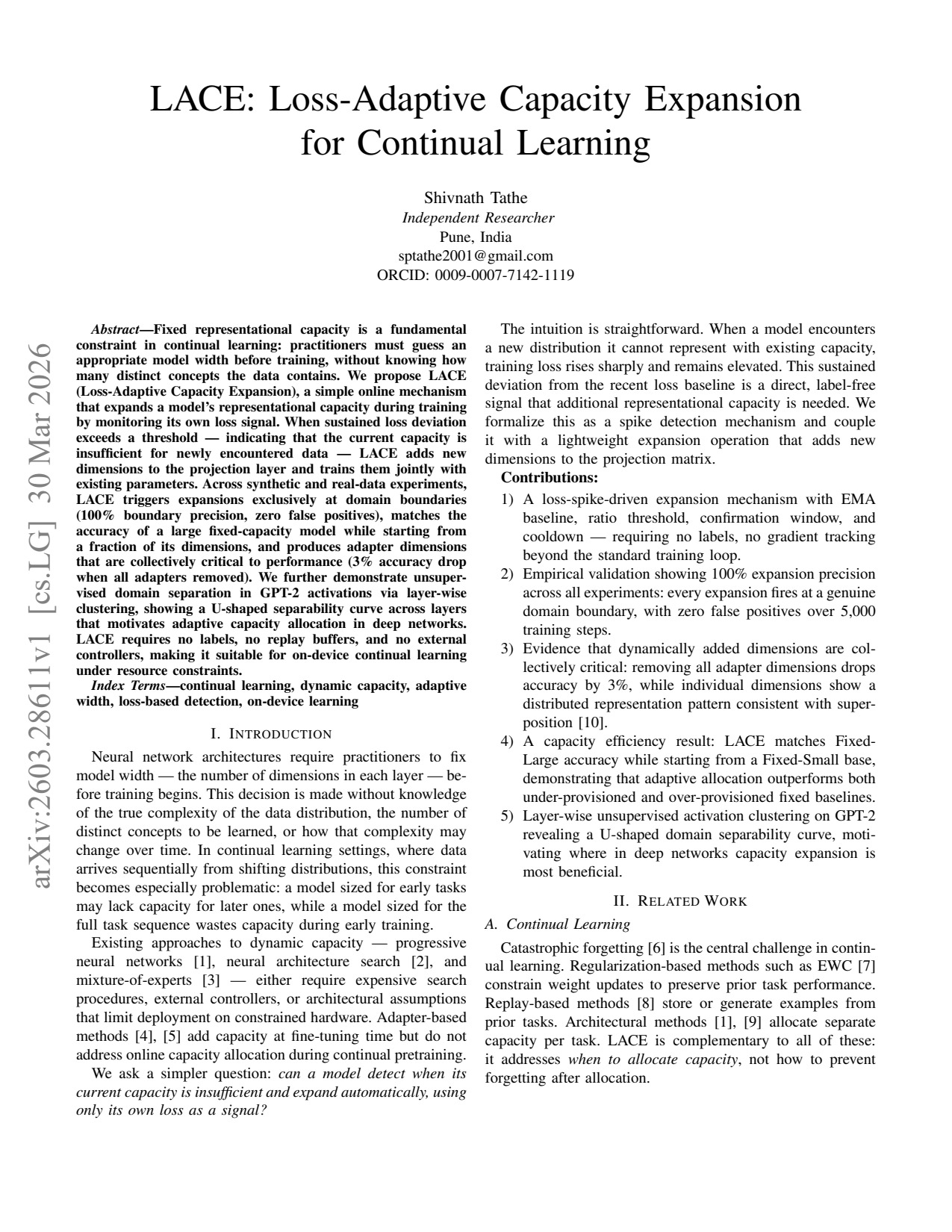First page of the LACE continual learning paper