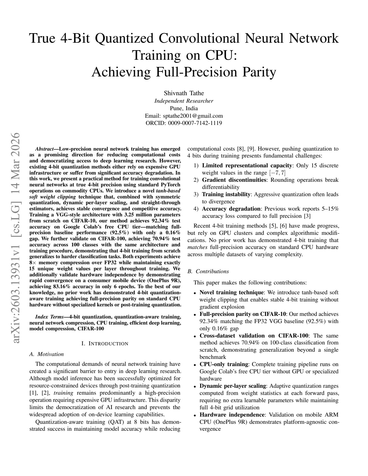 First page of the True 4-Bit Quantized Convolutional Neural Network Training on CPU paper